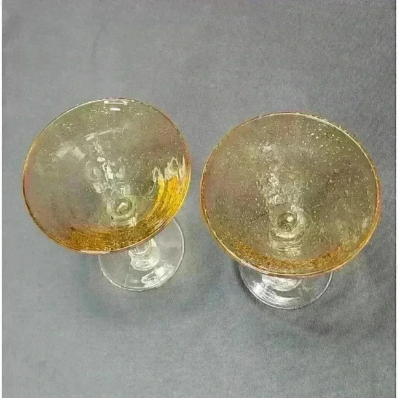 Vintage Hand Blown Bubble Art Glass Amber Martini Cosmopolitan Glasses Set of 2 - Picture 5 of 6